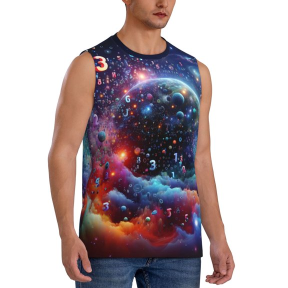 Fotbe Men's Outer Space Floating Numbers And Letters Print Men's Sleeveless Muscle Tank Tops Casual T-Shirts for Gym Workout Beach-Small