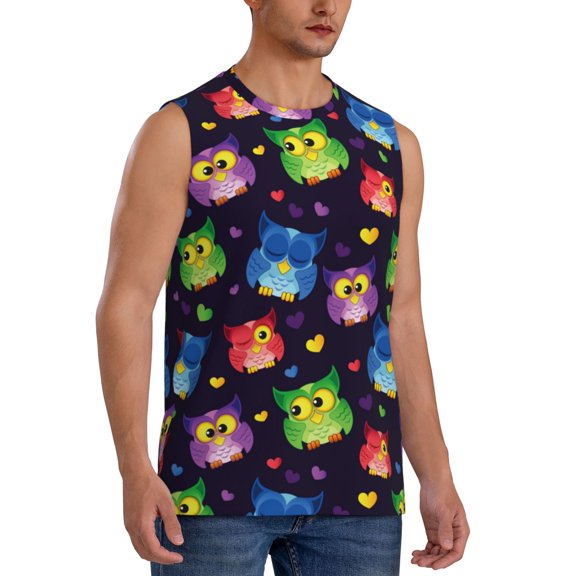 Fotbe Men's Owls And Hearts Print Men's Sleeveless Muscle Tank Tops Casual T-Shirts for Gym Workout Beach-Large