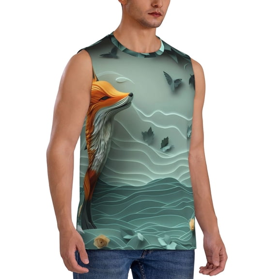 Fotbe Men's Paper Fox Crow Fantasy Print Men's Sleeveless Muscle Tank Tops Casual T-Shirts for Gym Workout Beach-Medium