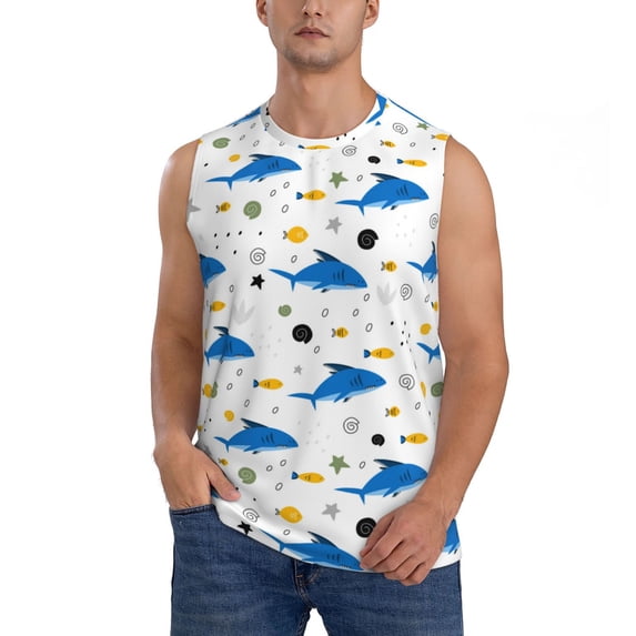 Fotbe Men's Party Shark Cute Print Men's Sleeveless Muscle Tank Tops Casual T-Shirts for Gym Workout Beach-Medium