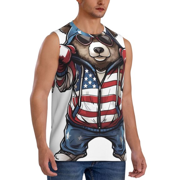 Fotbe Men's Patriotic Boxing Bear Art Print Men's Sleeveless Muscle Tank Tops Casual T-Shirts for Gym Workout Beach-3X-Large