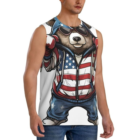 Fotbe Men's Patriotic Boxing Bear Art Print Men's Sleeveless Muscle Tank Tops Casual T-Shirts for Gym Workout Beach-Small