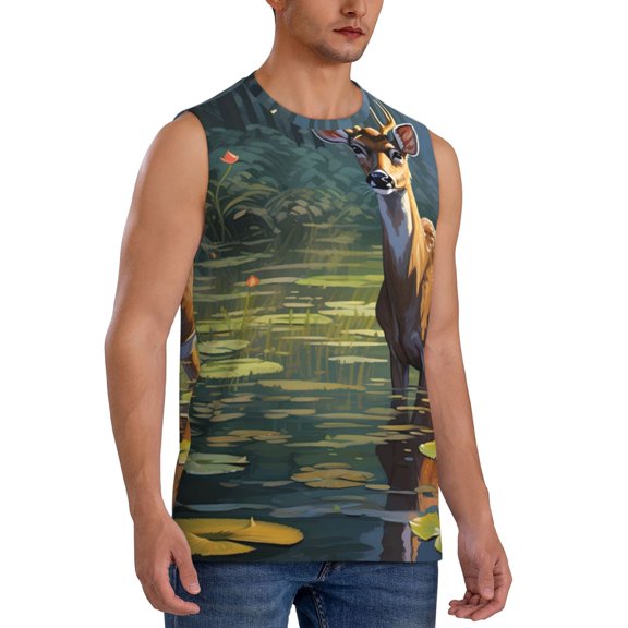 Fotbe Men's Peaceful Deer Lily Pond Print Men's Sleeveless Muscle Tank Tops Casual T-Shirts for Gym Workout Beach-3X-Large