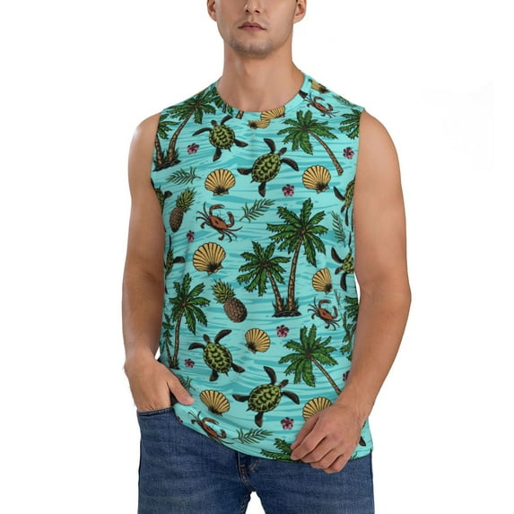 Fotbe Men's Pineapple Sea Turtle Print Men's Sleeveless Muscle Tank Tops Casual T-Shirts for Gym Workout Beach-X-Large