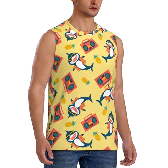 Fotbe Men's Pineapples Sharks In Hawaiian Print Men's Sleeveless Muscle Tank Tops Casual T-Shirts for Gym Workout Beach-3X-Large