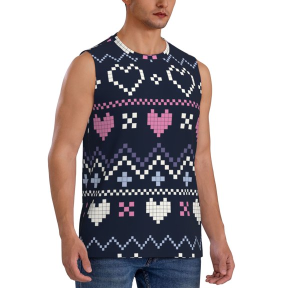 Fotbe Men's Pixel Heart Winter Print Men's Sleeveless Muscle Tank Tops Casual T-Shirts for Gym Workout Beach-Small