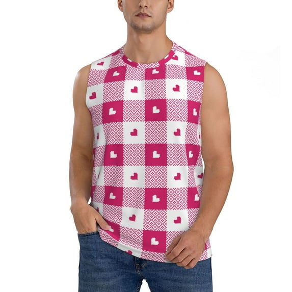 Fotbe Men's Plaid Heart Print Men's Sleeveless Muscle Tank Tops Casual T-Shirts for Gym Workout Beach-Medium