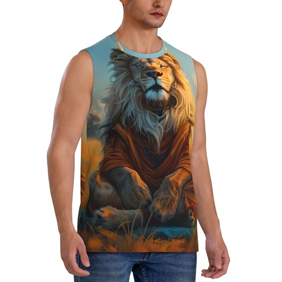 Fotbe Men's Prairie Meditating Lion Print Men's Sleeveless Muscle Tank Tops Casual T-Shirts for Gym Workout Beach-Medium