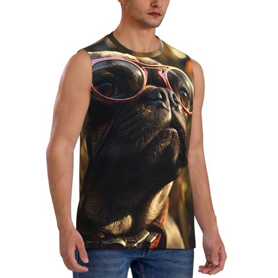 Fotbe Men's Pug Wearing Sunglasses Flowers Print Men's Sleeveless Muscle Tank Tops Casual T-Shirts for Gym Workout Beach-Small