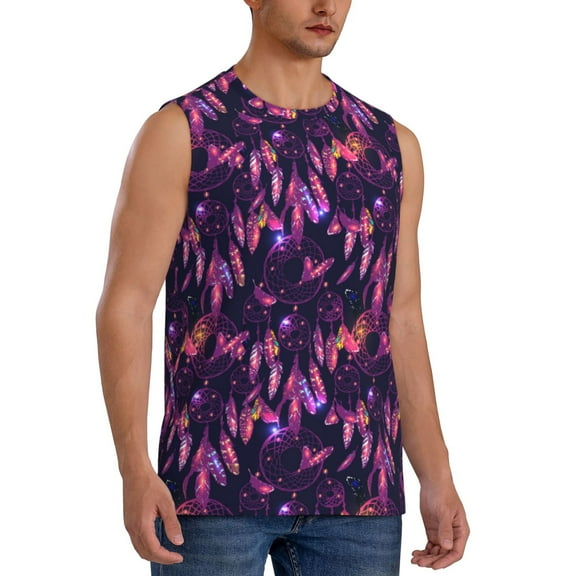 Fotbe Men's Purple Dreamcatcher Print Men's Sleeveless Muscle Tank Tops Casual T-Shirts for Gym Workout Beach-Small
