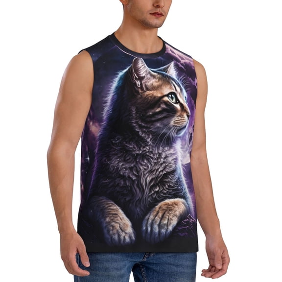 Fotbe Men's Purple Moon Cat Print Men's Sleeveless Muscle Tank Tops Casual T-Shirts for Gym Workout Beach-X-Large