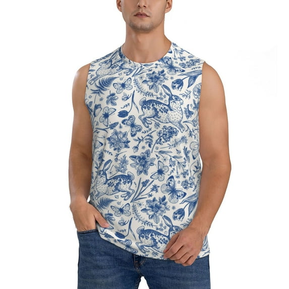 Fotbe Men's Rabbit And Butterfly Print Men's Sleeveless Muscle Tank Tops Casual T-Shirts for Gym Workout Beach-Small