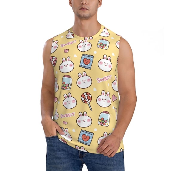 Fotbe Men's Rabbit And Candy Print Men's Sleeveless Muscle Tank Tops Casual T-Shirts for Gym Workout Beach-XX-Large