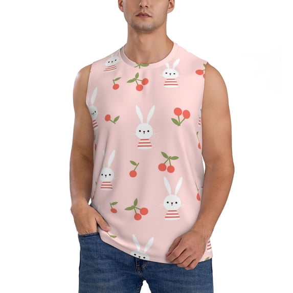 Fotbe Men's Rabbit And Cherry Print Men's Sleeveless Muscle Tank Tops Casual T-Shirts for Gym Workout Beach-X-Large