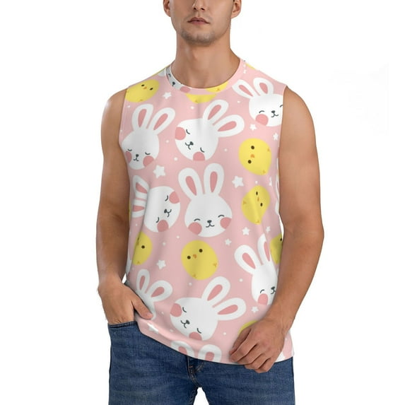 Fotbe Men's Rabbit And Chick Print Men's Sleeveless Muscle Tank Tops Casual T-Shirts for Gym Workout Beach-Small
