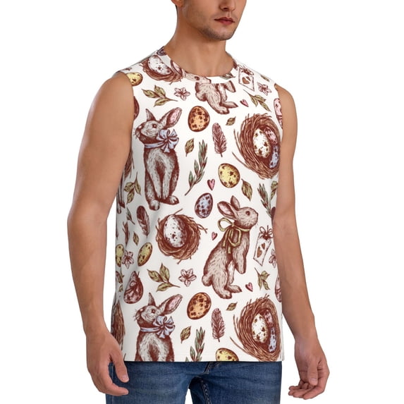 Fotbe Men's Rabbit And Egg Print Men's Sleeveless Muscle Tank Tops Casual T-Shirts for Gym Workout Beach-X-Large