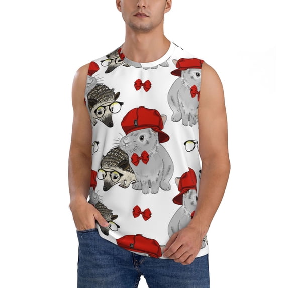 Fotbe Men's Rabbit And Hedgehog Print Men's Sleeveless Muscle Tank Tops Casual T-Shirts for Gym Workout Beach-Small