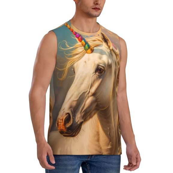 Fotbe Men's Rainbow White Horse Print Men's Sleeveless Muscle Tank Tops Casual T-Shirts for Gym Workout Beach-XX-Large