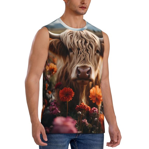 Fotbe Men's Realistic Flower Cow Print Men's Sleeveless Muscle Tank Tops Casual T-Shirts for Gym Workout Beach-3X-Large