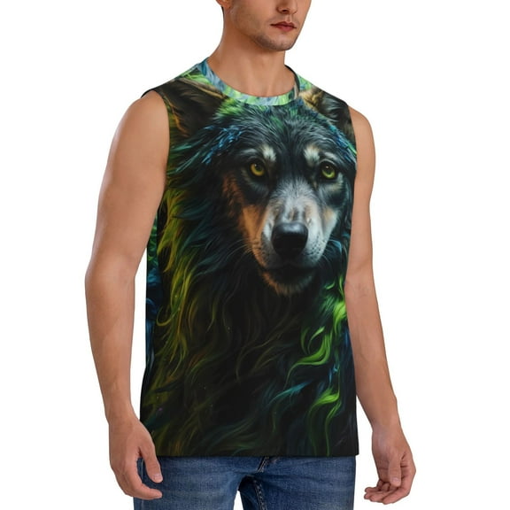 Fotbe Men's Realistic Style Colorful Wolf A Print Men's Sleeveless Muscle Tank Tops Casual T-Shirts for Gym Workout Beach-X-Large