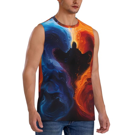 Fotbe Men's Red And Blue Abstract Print Men's Sleeveless Muscle Tank Tops Casual T-Shirts for Gym Workout Beach-Large