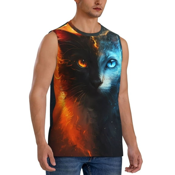 Fotbe Men's Red And Blue Fire Cat Print Men's Sleeveless Muscle Tank Tops Casual T-Shirts for Gym Workout Beach-Large