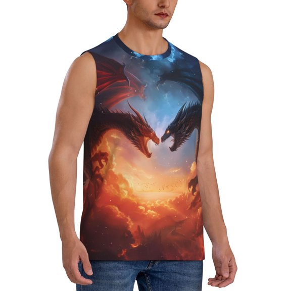 Fotbe Men's Red And Blue Fire Cloud Dragon Print Men's Sleeveless Muscle Tank Tops Casual T-Shirts for Gym Workout Beach-XX-Large
