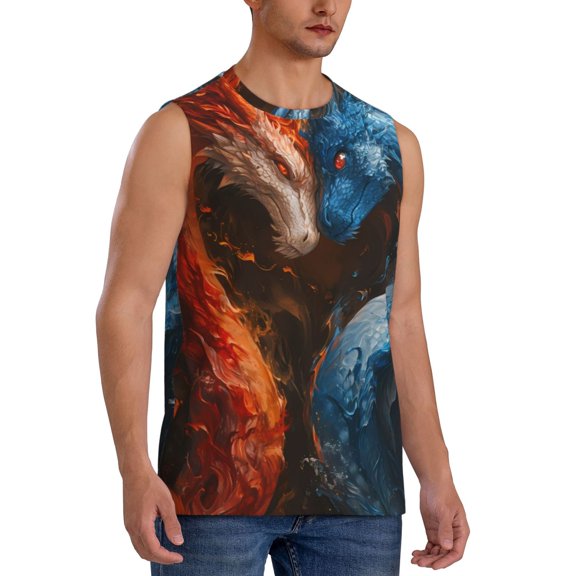 Fotbe Men's Red And Blue Fire Dragon F Print Men's Sleeveless Muscle Tank Tops Casual T-Shirts for Gym Workout Beach-XX-Large