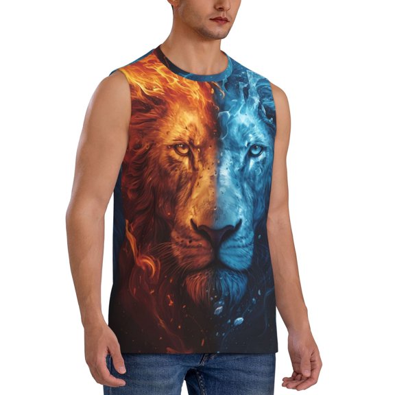 Fotbe Men's Red And Blue Fire Lion Print Men's Sleeveless Muscle Tank Tops Casual T-Shirts for Gym Workout Beach-XX-Large