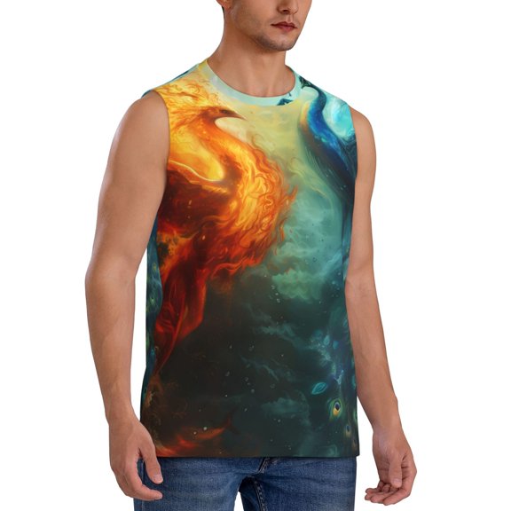 Fotbe Men's Red And Blue Fire Peacock Print Men's Sleeveless Muscle Tank Tops Casual T-Shirts for Gym Workout Beach-Small