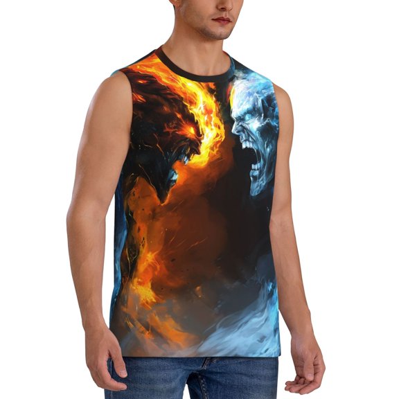 Fotbe Men's Red And Blue Fire Skull Warrior Print Men's Sleeveless Muscle Tank Tops Casual T-Shirts for Gym Workout Beach-Large