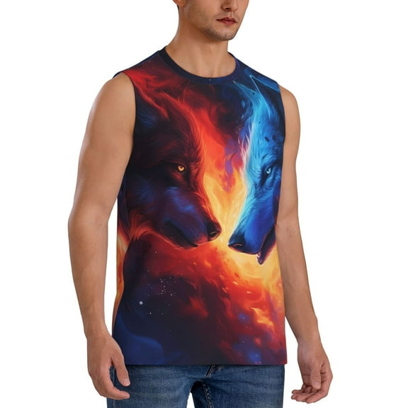 Fotbe Men's Red And Blue Fire Wolf Print Men's Sleeveless Muscle Tank Tops Casual T-Shirts for Gym Workout Beach-Medium