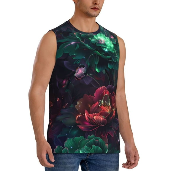 Fotbe Men's Red And Green Carnation Print Men's Sleeveless Muscle Tank Tops Casual T-Shirts for Gym Workout Beach-Large