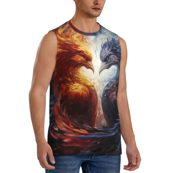 Fotbe Men's Red And White Fire Bird Print Men's Sleeveless Muscle Tank Tops Casual T-Shirts for Gym Workout Beach-3X-Large