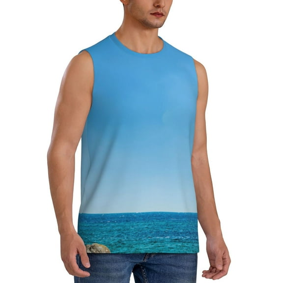 Fotbe Men's Red And White Lighthouse Print Men's Sleeveless Muscle Tank Tops Casual T-Shirts for Gym Workout Beach-XX-Large