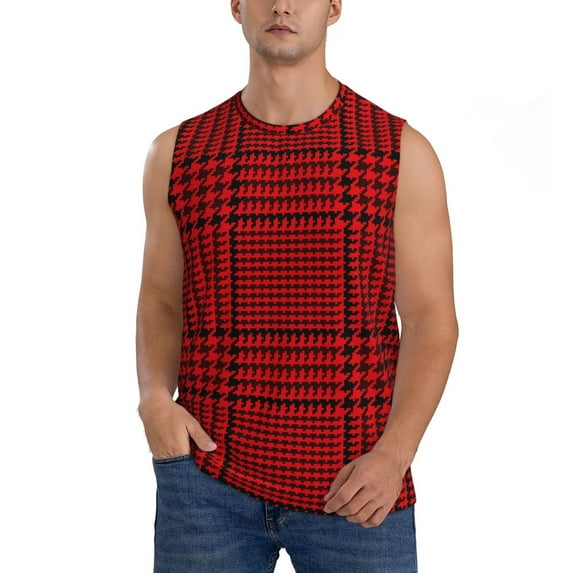 Fotbe Men's Red Black Houndstooth Print Men's Sleeveless Muscle Tank Tops Casual T-Shirts for Gym Workout Beach-Medium