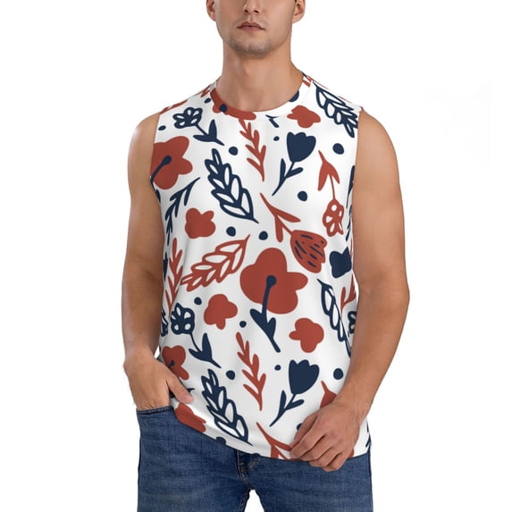 Fotbe Men's Red Blue Leaves Print Men's Sleeveless Muscle Tank Tops Casual T-Shirts for Gym Workout Beach-X-Large
