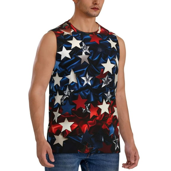 Fotbe Men's Red Blue White Stars Print Men's Sleeveless Muscle Tank Tops Casual T-Shirts for Gym Workout Beach-Large