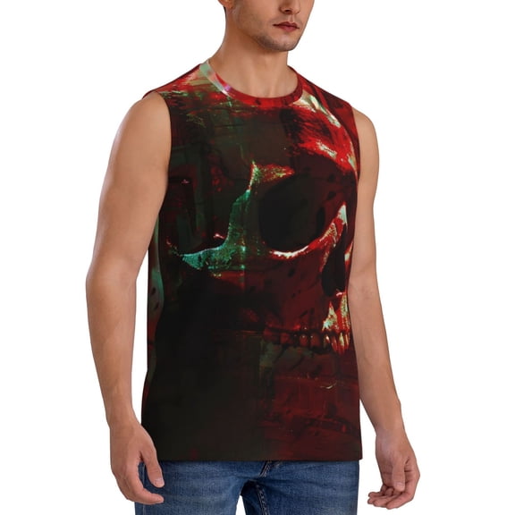 Fotbe Men's Red Dark Skull Abstract Print Men's Sleeveless Muscle Tank Tops Casual T-Shirts for Gym Workout Beach-Medium