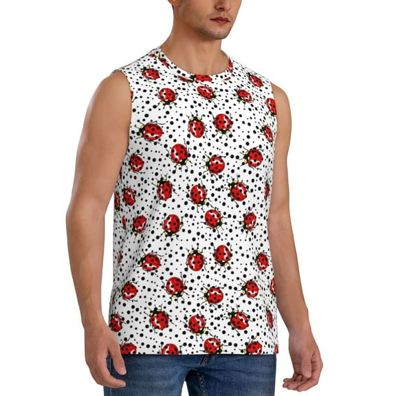 Fotbe Men's Red Ladybugs On Black Dotted Print Men's Sleeveless Muscle Tank Tops Casual T-Shirts for Gym Workout Beach-Small
