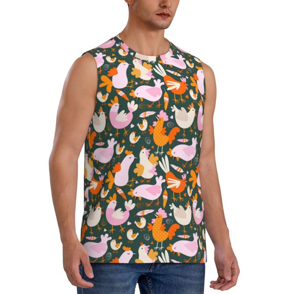 Fotbe Men's Roosters and Chicks Print Men's Sleeveless Muscle Tank Tops Casual T-Shirts for Gym Workout Beach-3X-Large