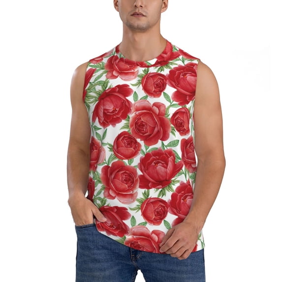 Fotbe Men's Rose Flowers Print Men's Sleeveless Muscle Tank Tops Casual T-Shirts for Gym Workout Beach-Medium