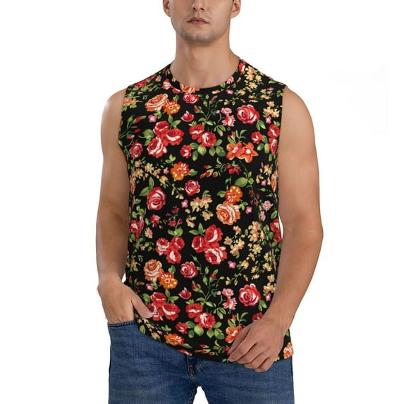 Fotbe Men's Rose Flowers Print Men's Sleeveless Muscle Tank Tops Casual T-Shirts for Gym Workout Beach-Small