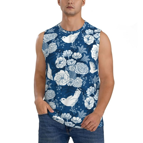 Fotbe Men's Rose Flowers Print Men's Sleeveless Muscle Tank Tops Casual T-Shirts for Gym Workout Beach-X-Large