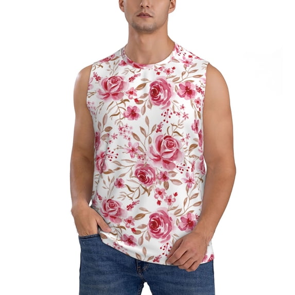 Fotbe Men's Rose Flowers Print Men's Sleeveless Muscle Tank Tops Casual T-Shirts for Gym Workout Beach-XX-Large