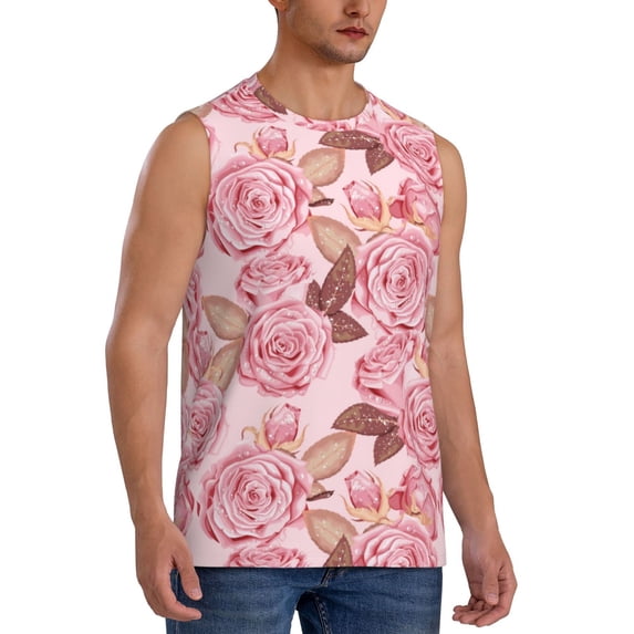 Fotbe Men's Rose Flowers Print Men's Sleeveless Muscle Tank Tops Casual T-Shirts for Gym Workout Beach-XX-Large