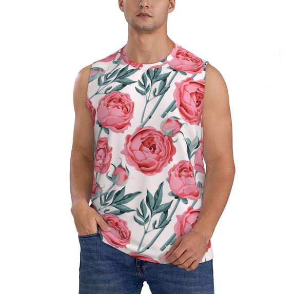 Fotbe Men's Rose Flowers Print Men's Sleeveless Muscle Tank Tops Casual T-Shirts for Gym Workout Beach-XX-Large