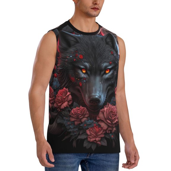 Fotbe Men's Rose Full Moon Black Wolf Print Men's Sleeveless Muscle Tank Tops Casual T-Shirts for Gym Workout Beach-XX-Large