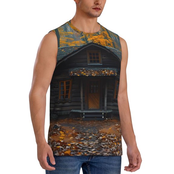 Fotbe Men's Rustic Cabin Autumn Forest Print Men's Sleeveless Muscle Tank Tops Casual T-Shirts for Gym Workout Beach-XX-Large