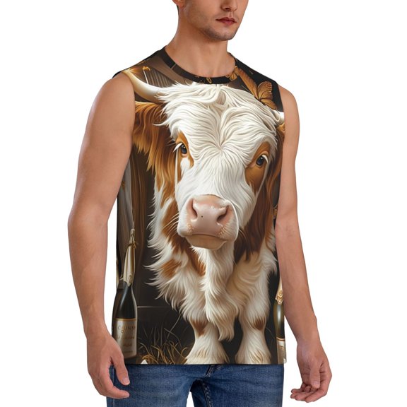 Fotbe Men's Rustic Cow Butterflies Champagne Print Men's Sleeveless Muscle Tank Tops Casual T-Shirts for Gym Workout Beach-3X-Large